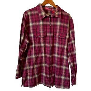 2X Zip Up Plaid Flannel Long Sleeve Shirt